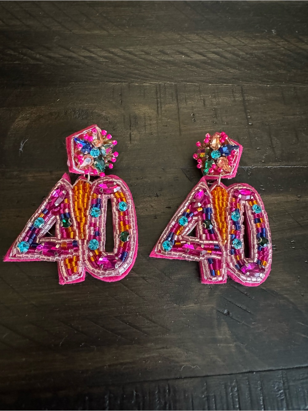 Beaded '40' Statement Earrings in Hot Pink with Multicolor Gems